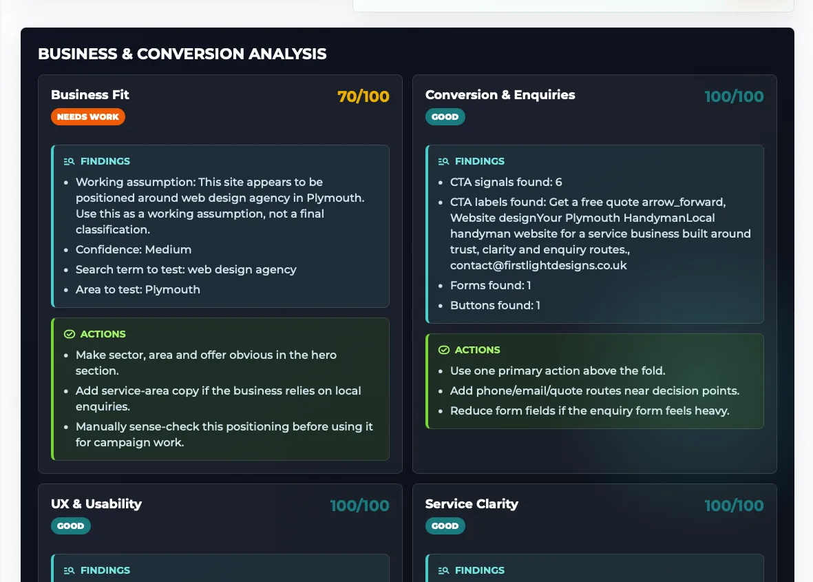 Website review report recommendations screen
